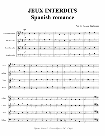 JEUX INTERDITS - Spanish romance - Arr. for Recorder quartet by Renato Tagliabue Small Ensemble - Digital Sheet Music