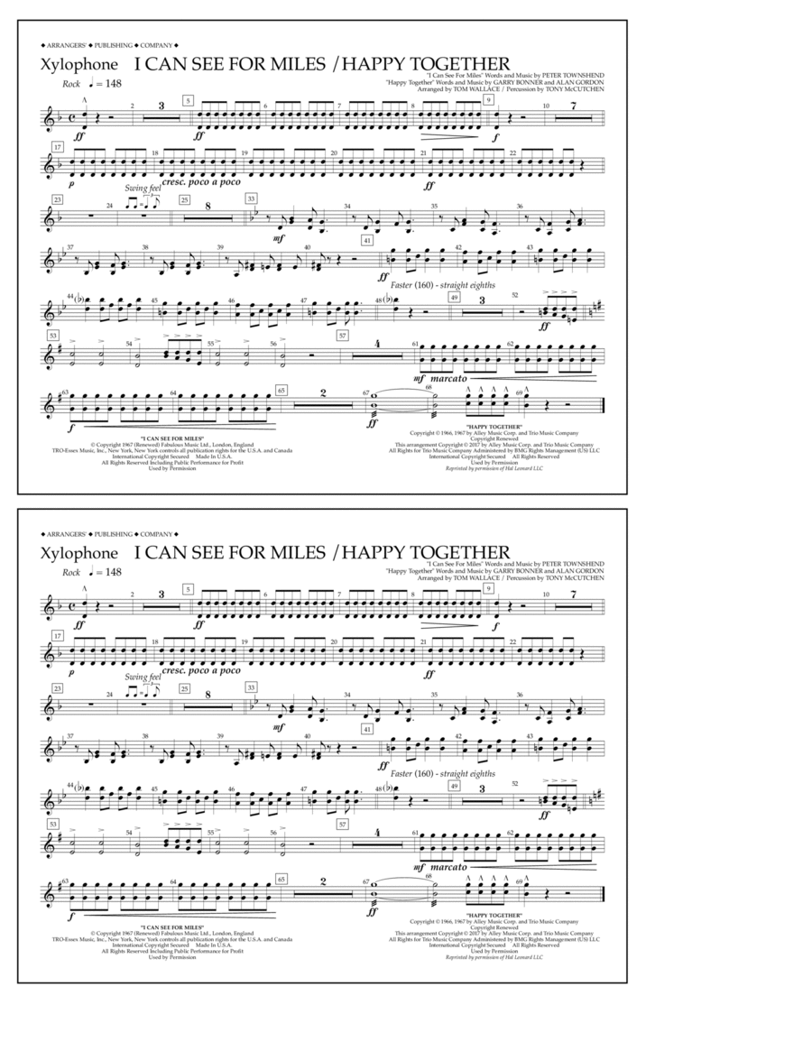 I Can See for Miles/Happy Together - Xylophone Marching Band scores gallery preview page 1