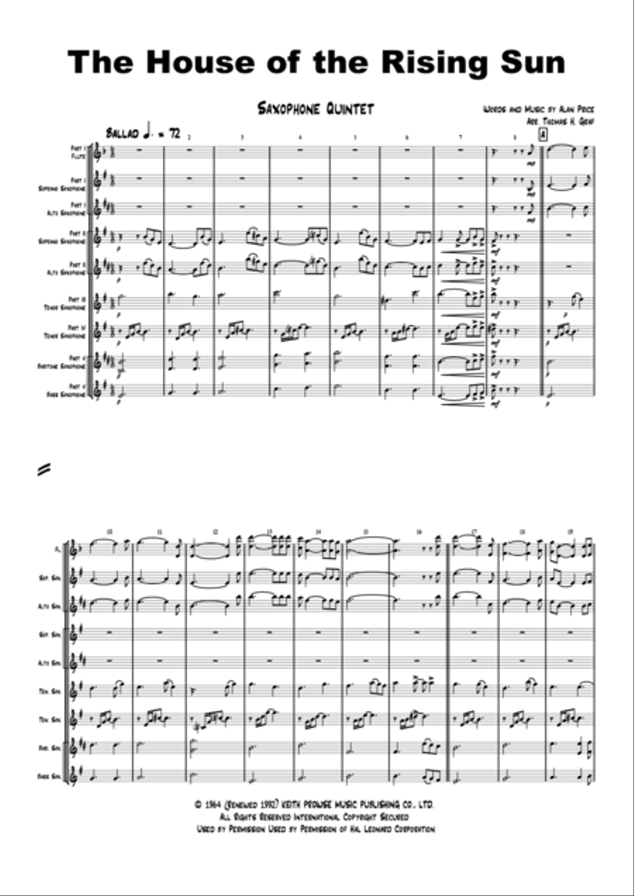 The House Of The Rising Sun Saxophone Quintet scores gallery preview page 2