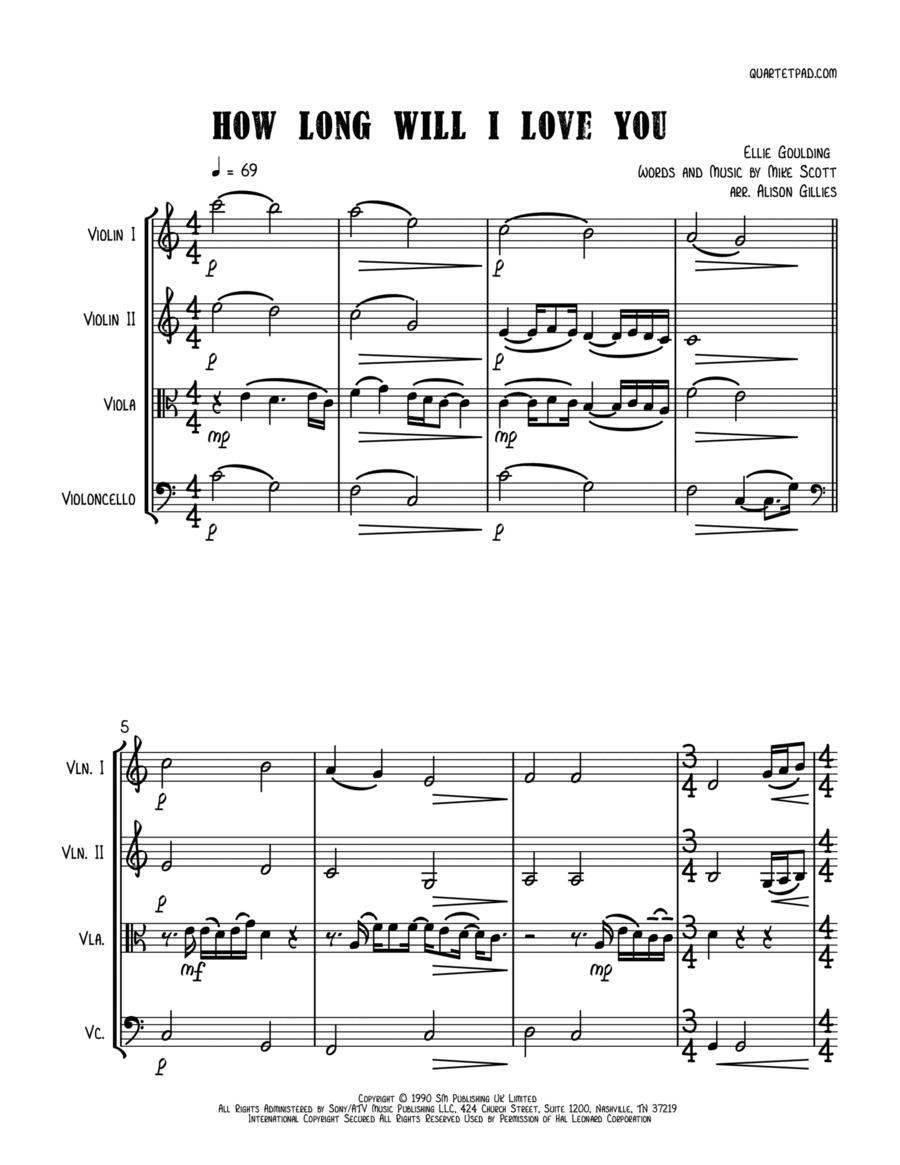 How Long Will I Love You How Long Will I Love You String Quartet scores gallery preview page 1