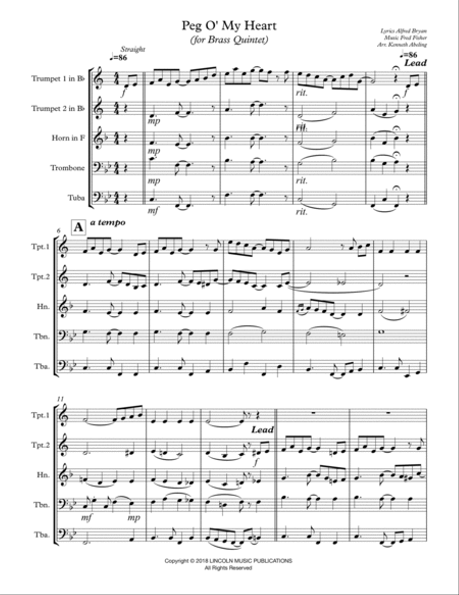 Peg O My Heart (for Brass Quintet) Brass Quintet scores gallery preview page 2