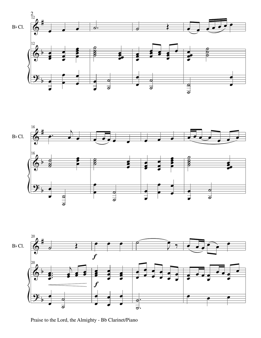 PRAISE TO THE LORD, THE ALMIGHTY (Duet – Bb Clarinet and Piano/Score and Parts) Woodwind Duet scores gallery preview page 2
