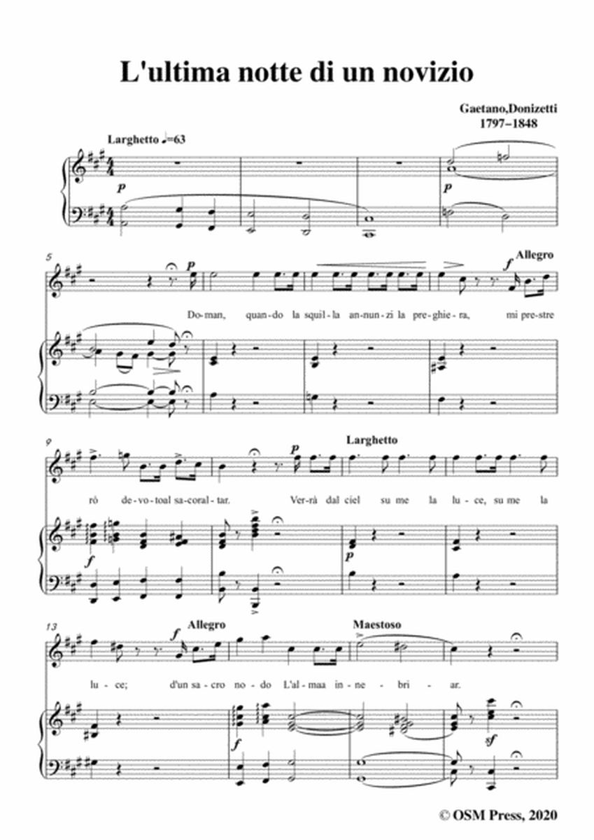 Donizetti-L'ultima notte di un novizio,in A Major,for Voice and Piano