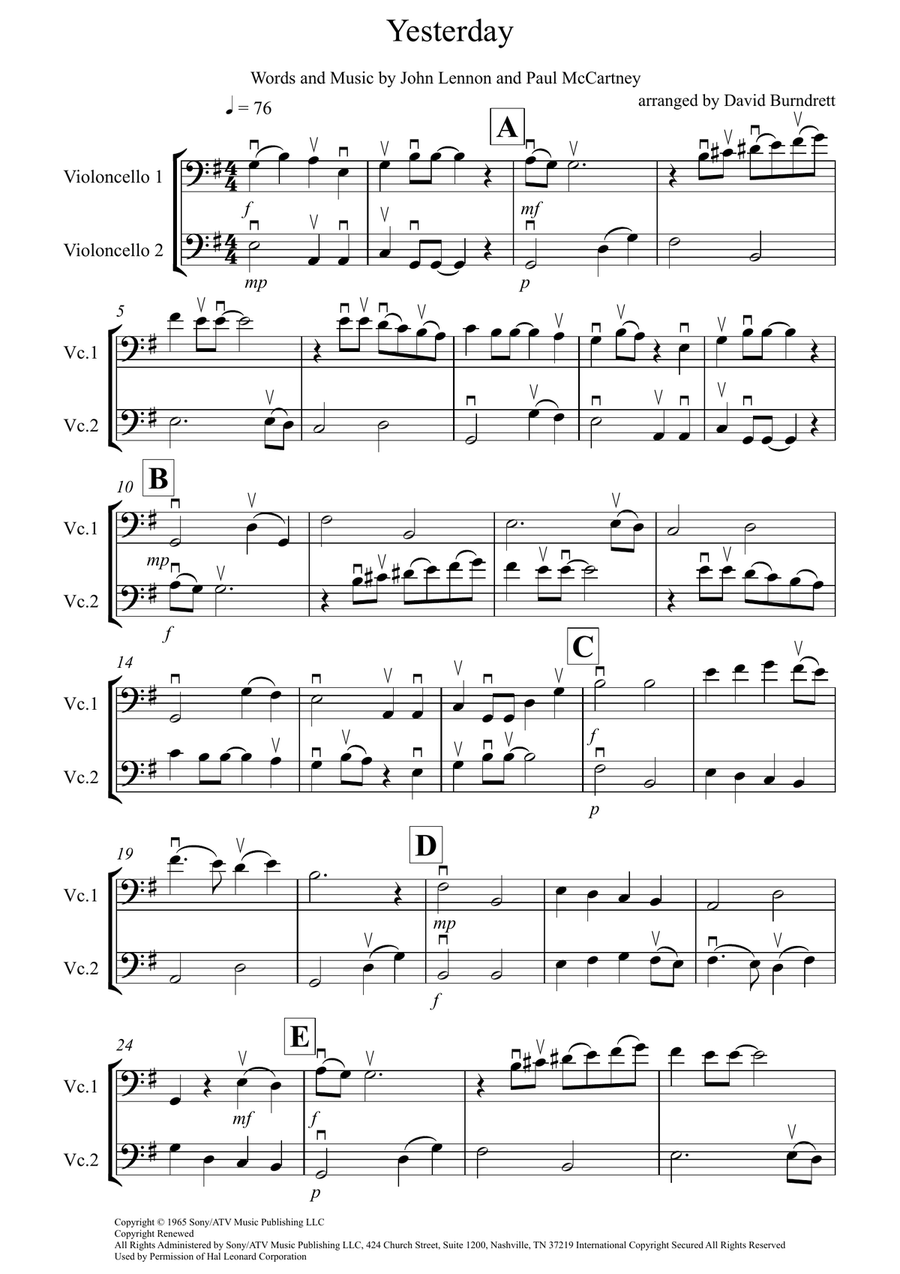 Yesterday Cello Solo scores gallery preview page 1