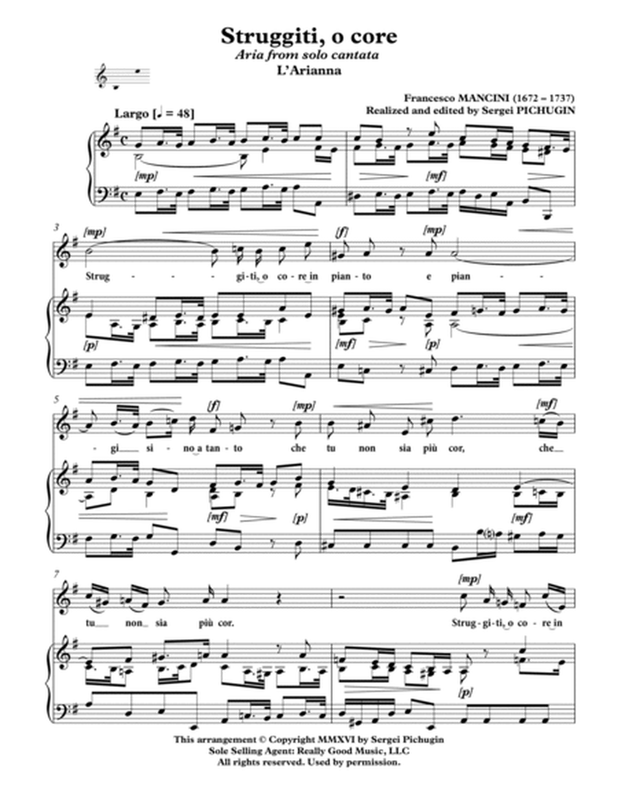MANCINI Francesco: Struggiti, o core, aria from solo cantata "L'Arianna", arranged for Voice and Pia image number null