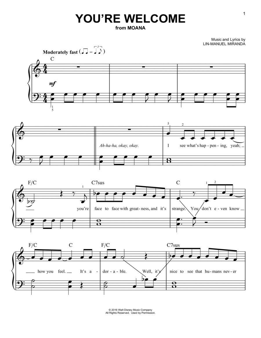 You're Welcome (from Moana) Easy Piano scores gallery preview page 1