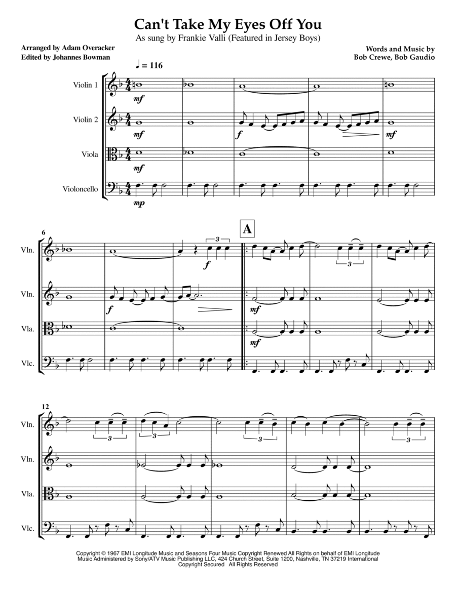 Can't Take My Eyes Off Of You String Quartet scores gallery preview page 1
