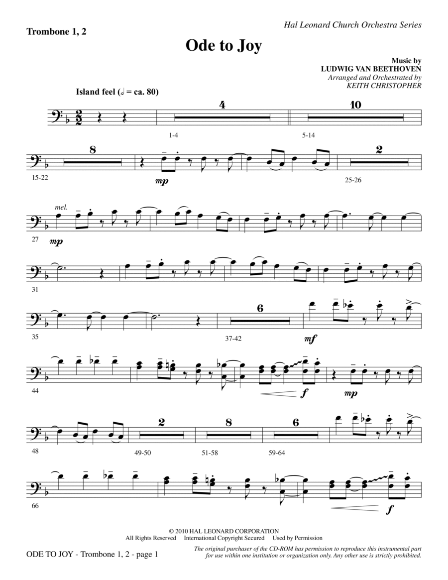 Ode To Joy (Does Not Match SATB 08752035) - Trombone 1 & 2 4-Part scores gallery preview page 1
