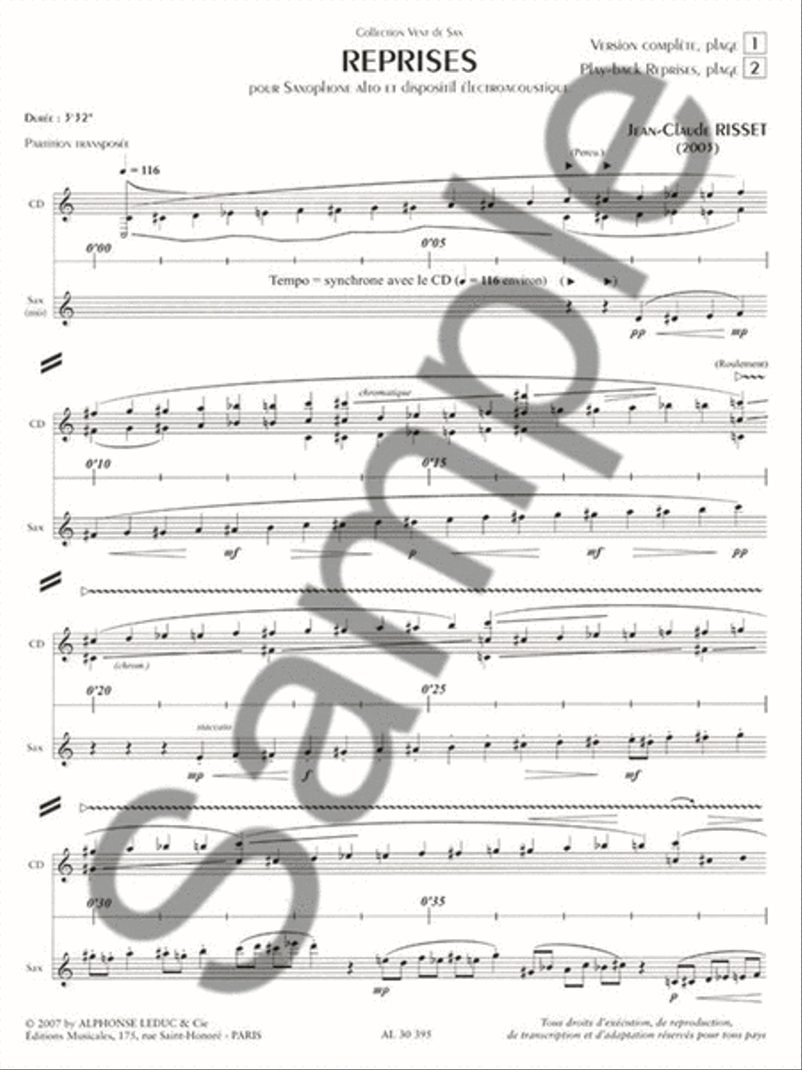 Reprises For Alto Saxophone And Electroacoustic Device Al30398 Alto Saxophone scores gallery preview page 2