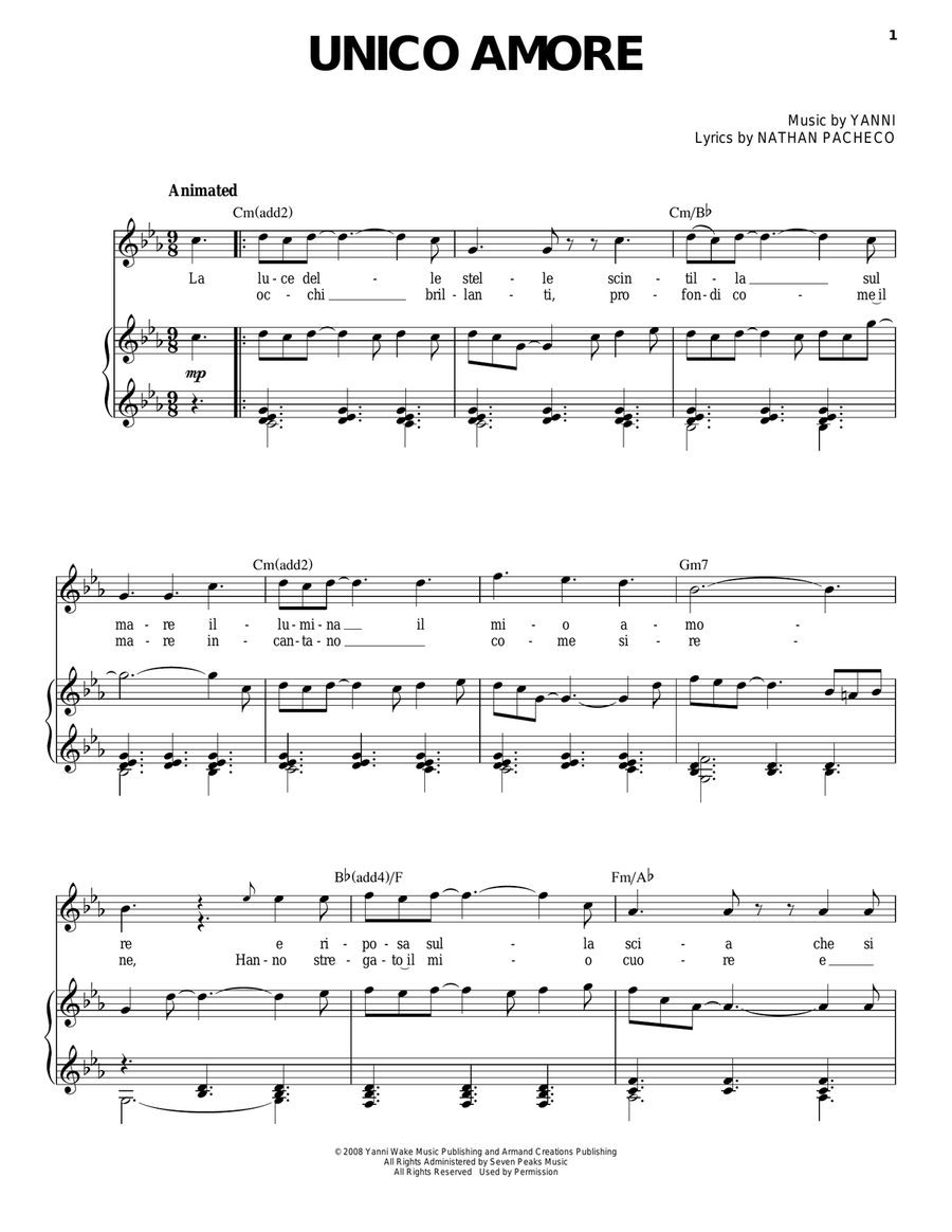 Unico Amore Piano, Vocal, Guitar scores gallery preview page 1