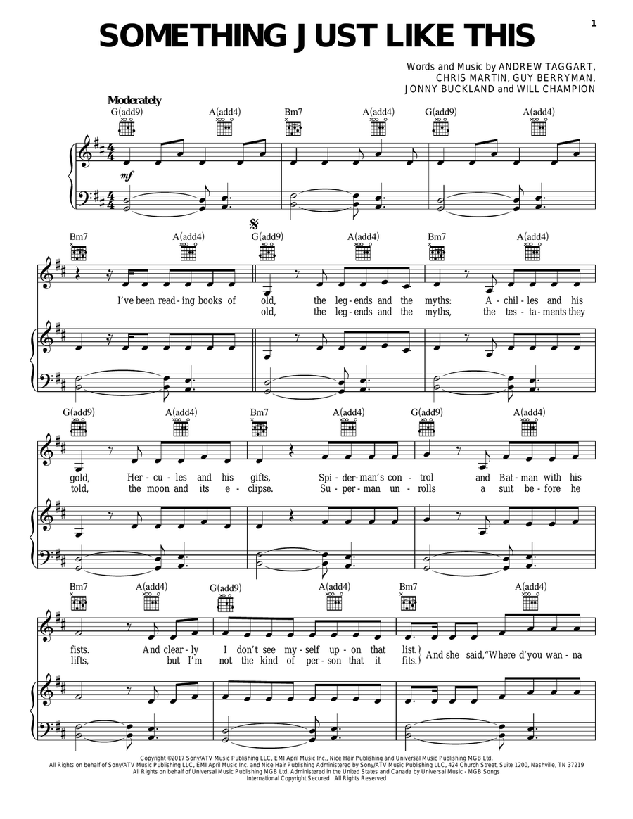 Something Just Like This Piano, Vocal, Guitar scores gallery preview page 1