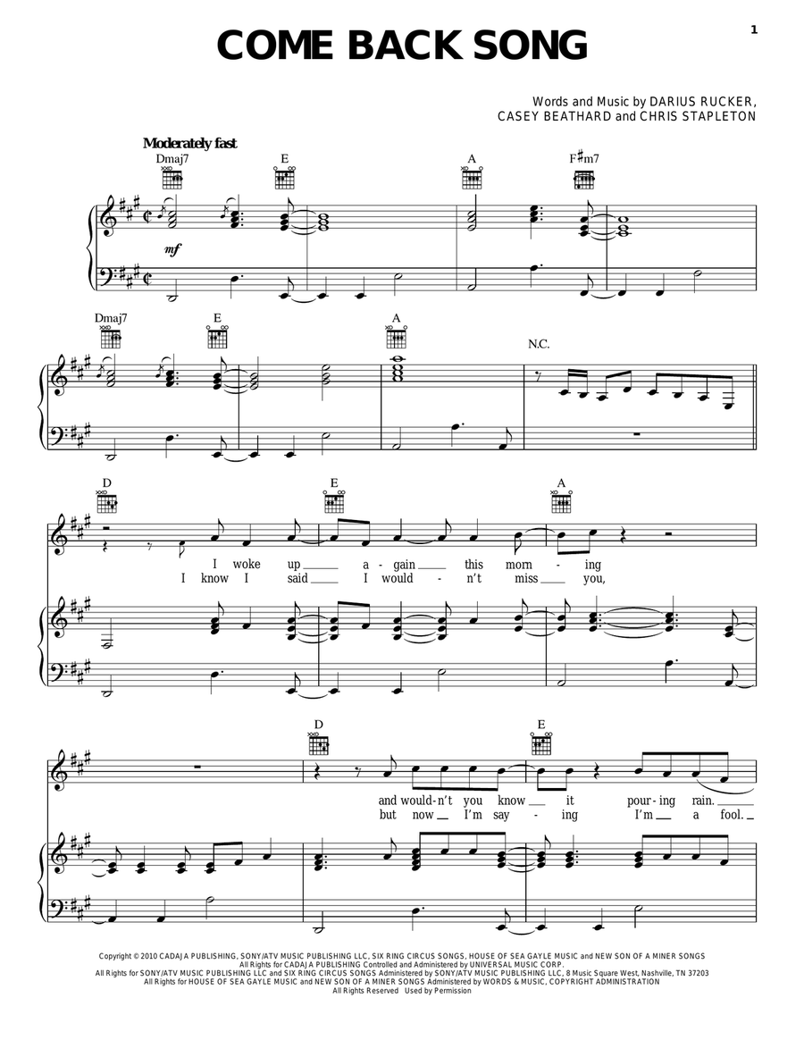 Come Back Song Piano, Vocal, Guitar scores gallery preview page 1