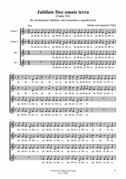 Jubilate Deo omnis terra für vierstimmigen Mädchen- oder Frauenchor a cappella (2014) (Psalm 100)