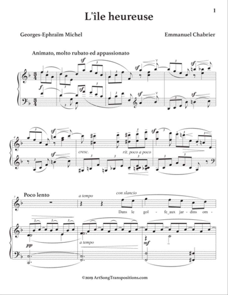 CHABRIER: L'île heureuse (transposed to F major) Voice scores gallery preview page 2