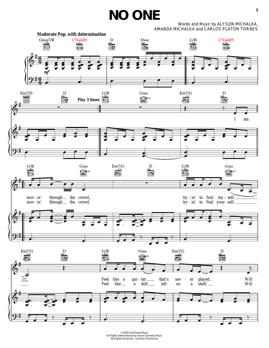 No One Piano, Vocal, Guitar scores gallery preview page 1