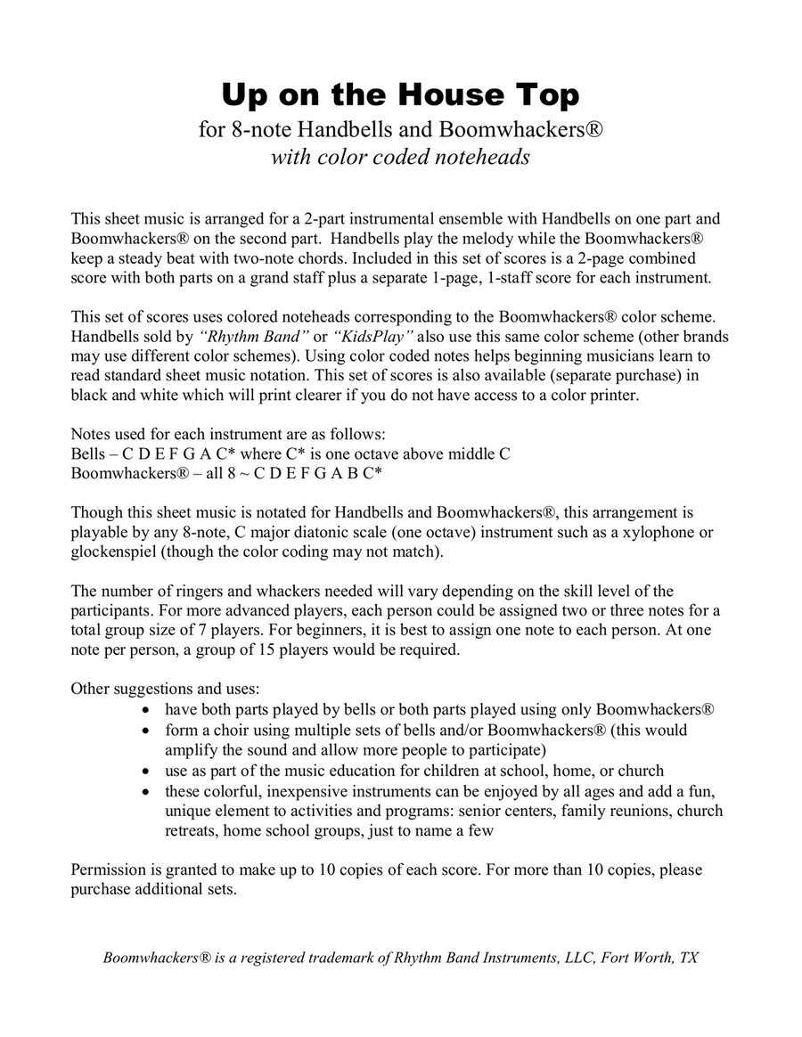 Up on the Housetop (for 8-note Bells and Boomwhackers with Color Coded Notes) Handbell Choir scores gallery preview page 2