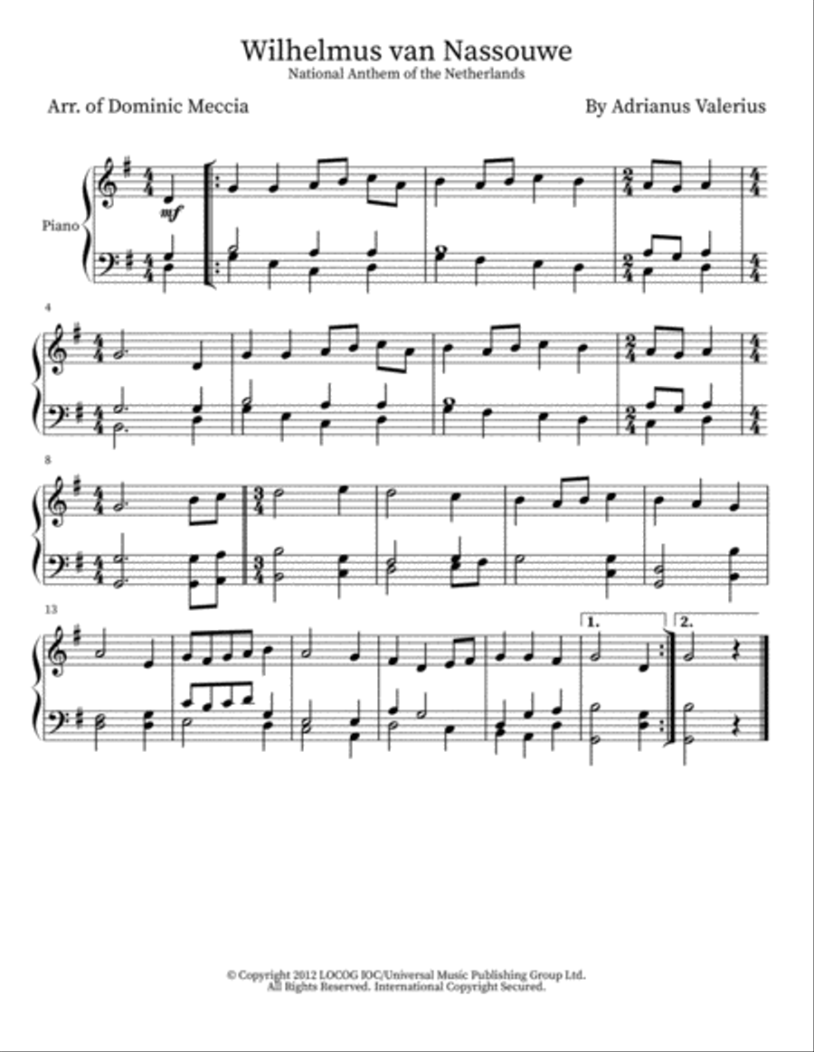 Wilhelmus (netherlands National Anthem) Easy Piano scores gallery preview page 1