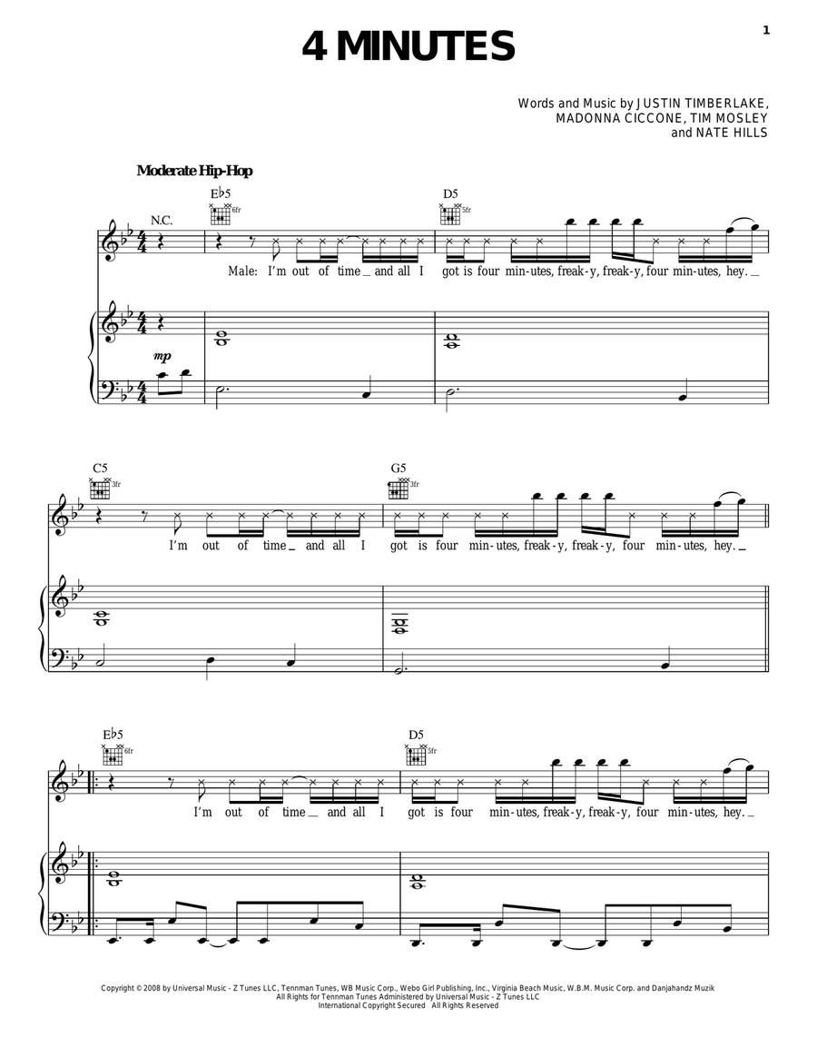 4 Minutes 4 Minutes Piano, Vocal, Guitar scores gallery preview page 1