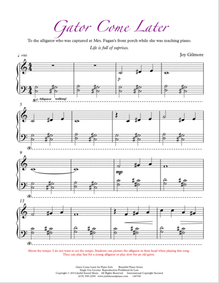 Gator Come Later piano solo for beginner, includes two versions Piano Method scores gallery preview page 2