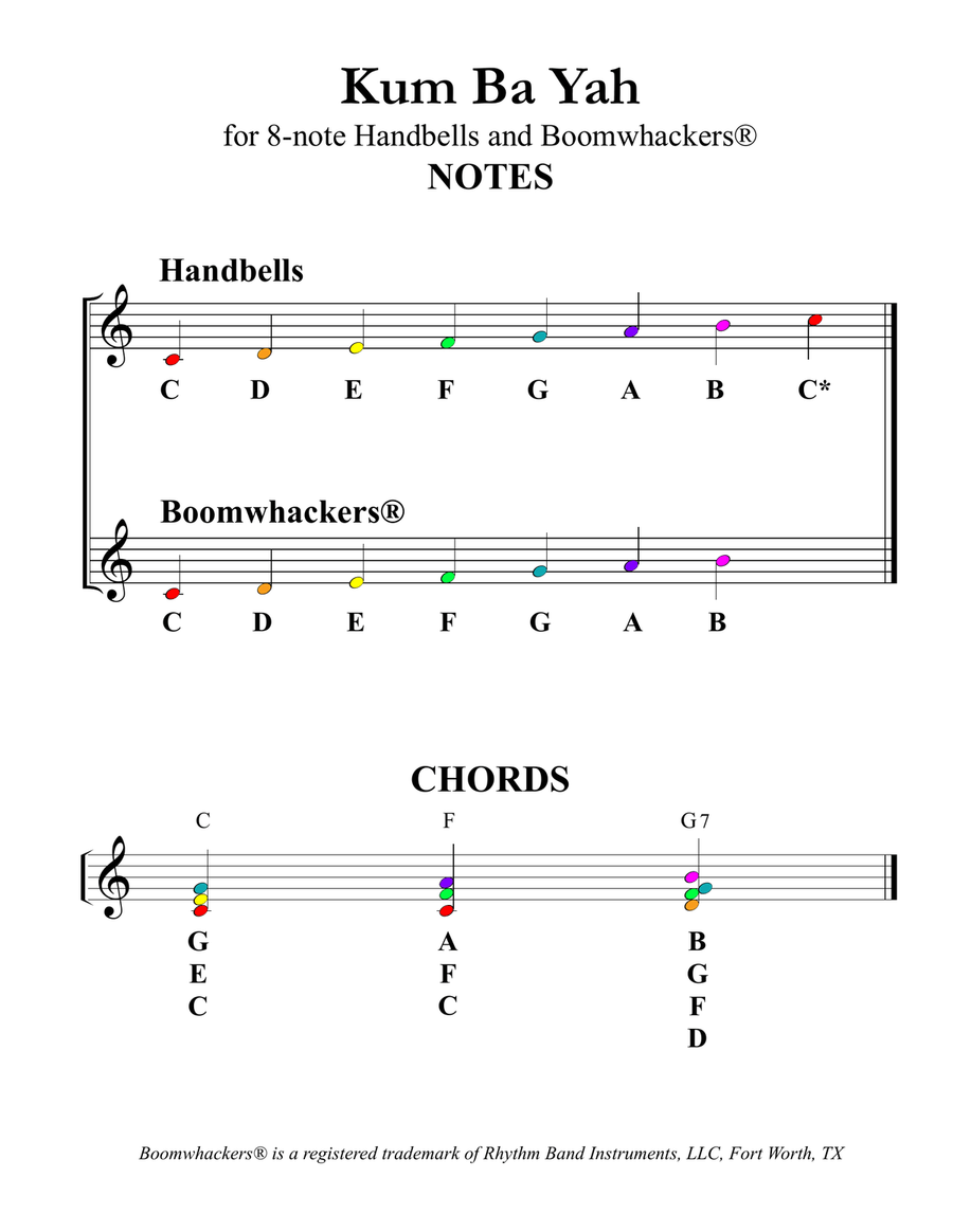 Kum Ba Yah (for 8-note Bells and Boomwhackers with Color Coded Notes) Small Ensemble scores gallery preview page 3