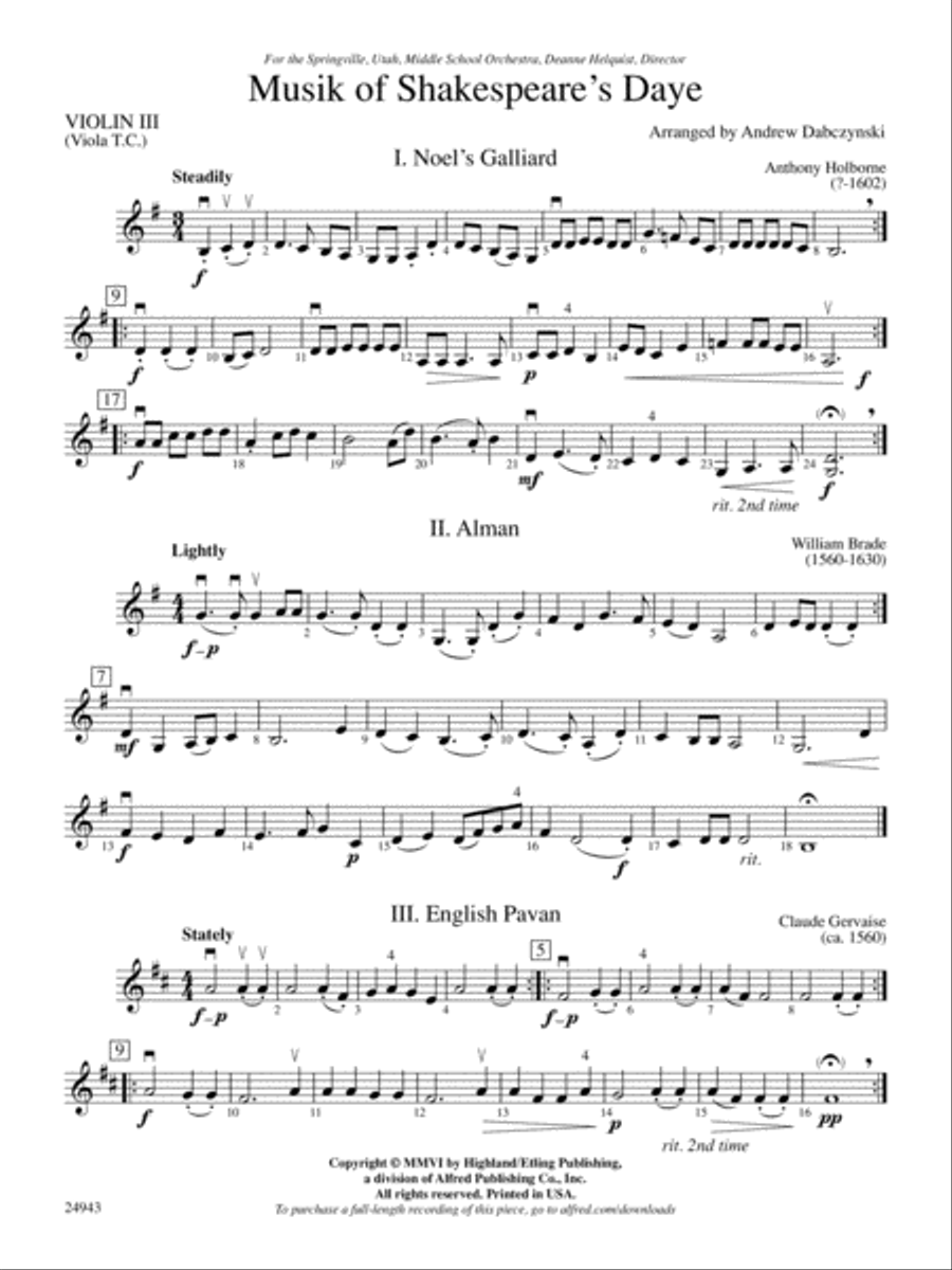 Musik of Shakespeare's Daye: 3rd Violin (Viola [TC]) String Orchestra scores gallery preview page 1