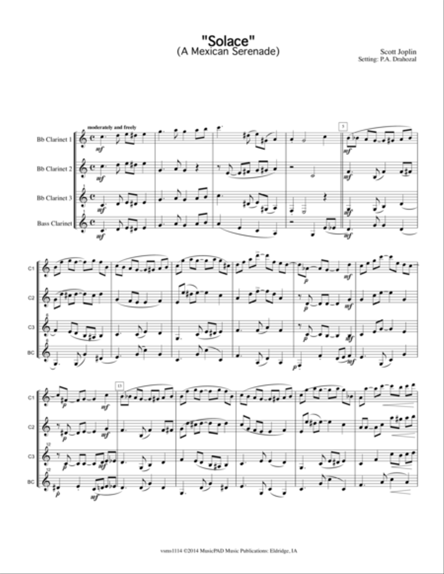 Solace -A Mexican Serenade by Scott Joplin (arranged for clarinet quartet) Clarinet Quartet scores gallery preview page 1