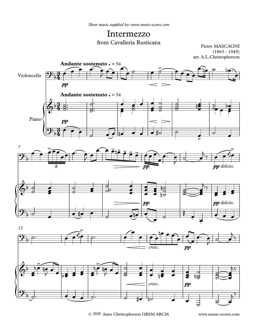 Intermezzo from Cavalleria Rusticana - Cello and Piano Piano scores gallery preview page 1