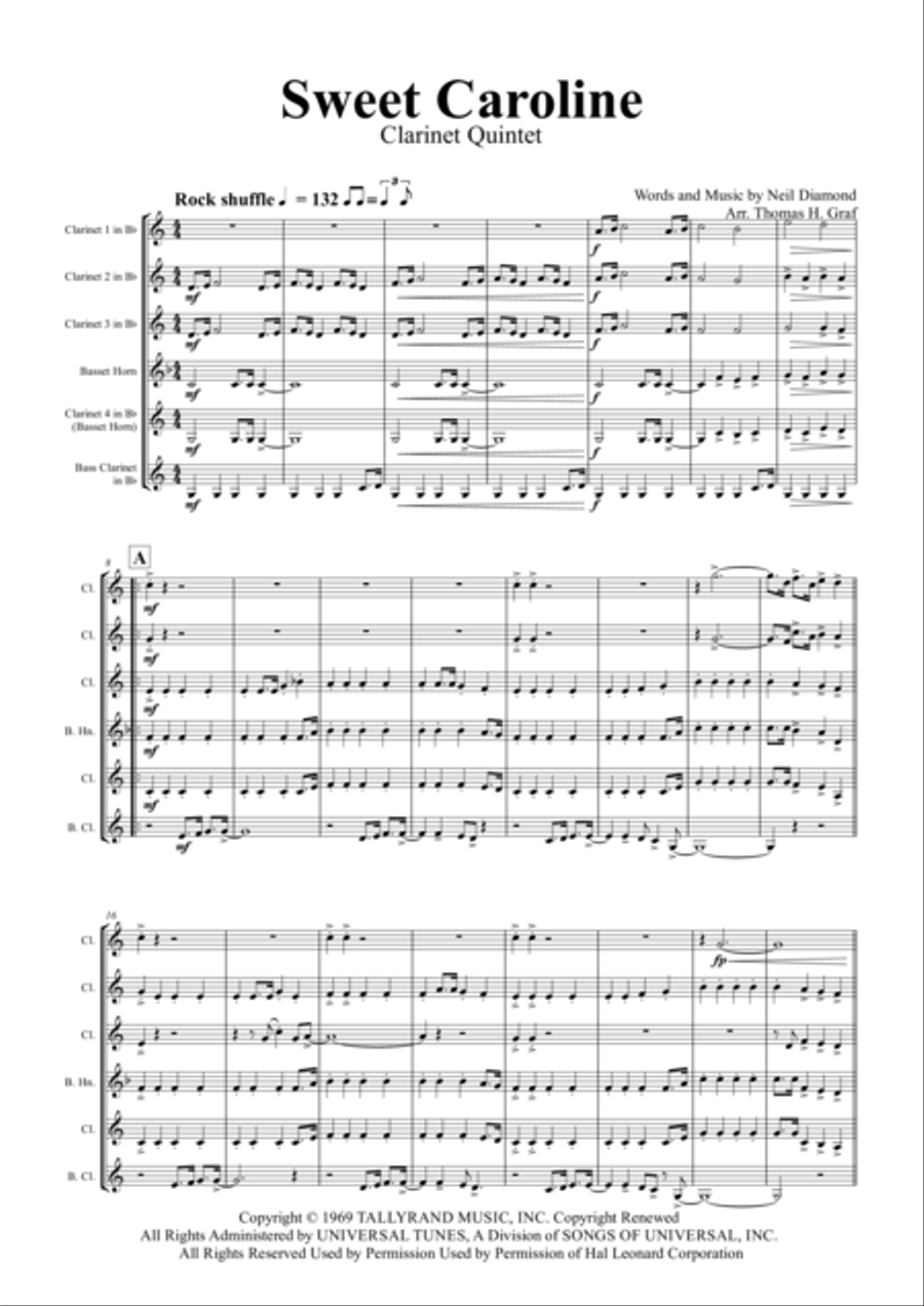 Sweet Caroline Clarinet Quintet scores gallery preview page 1
