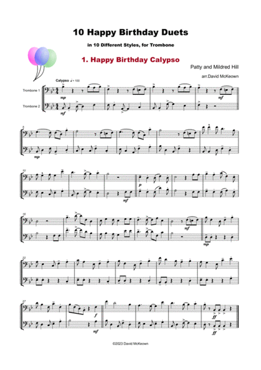 10 Happy Birthday Duets, (in 10 Different Styles), for Trombone