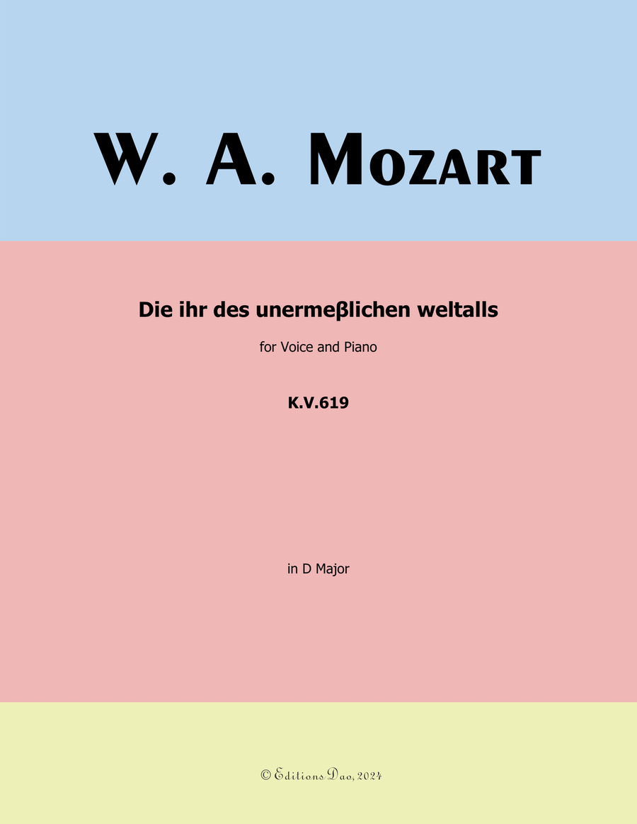 Die ihr des unermeβlichen weltalls, by Mozart, K.V.619, in D Major Piano, Vocal scores gallery preview page 1