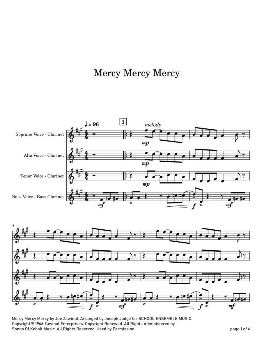 Mercy, Mercy, Mercy Mercy, Mercy, Mercy Clarinet Quartet scores gallery preview page 1