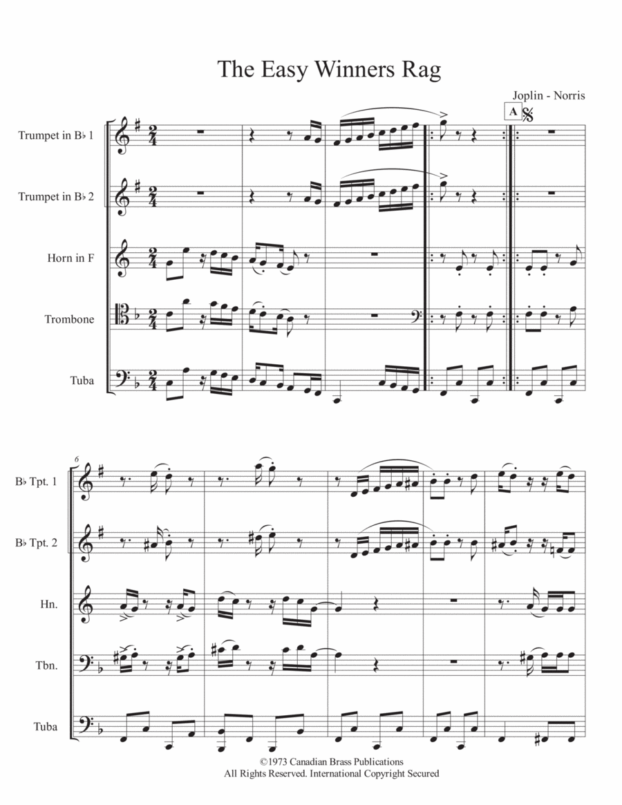 The Easy Winners Rag - Full Score Brass Quintet scores gallery preview page 1