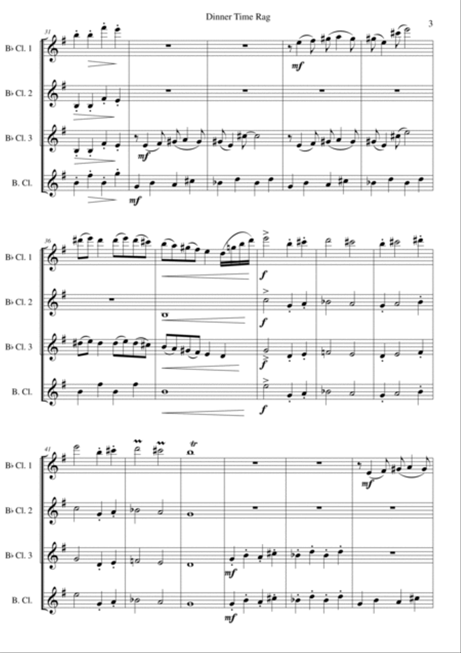 Dinner Time Rag for clarinet quartet (3 B-flat clarinets, 1 bass clarinet) Clarinet Quartet scores gallery preview page 3