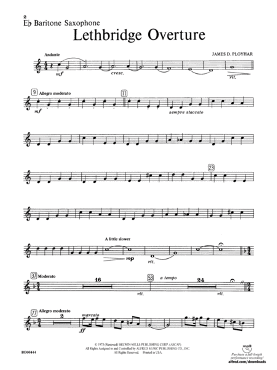 Lethbridge Overture: E-flat Baritone Saxophone Concert Band scores gallery preview page 1