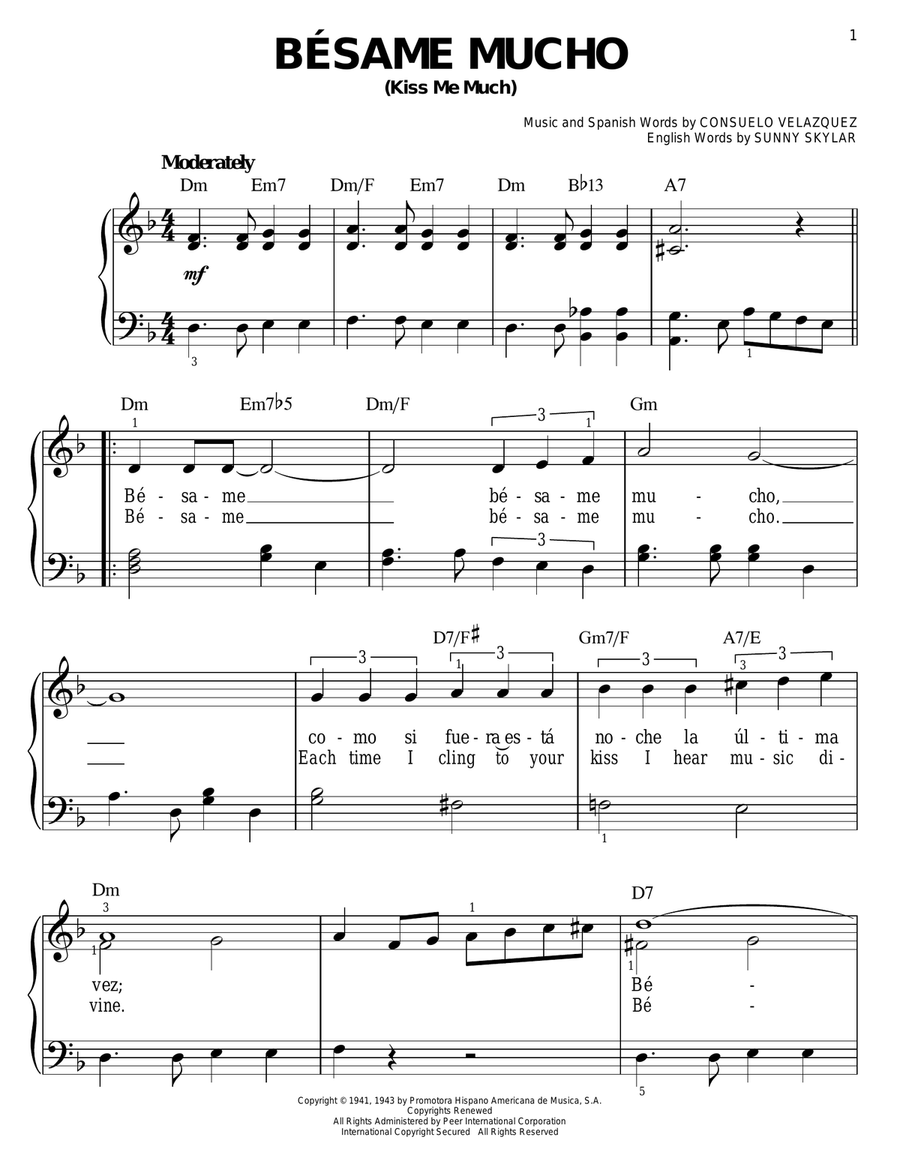 Besame Mucho (Kiss Me Much) Easy Piano scores gallery preview page 1