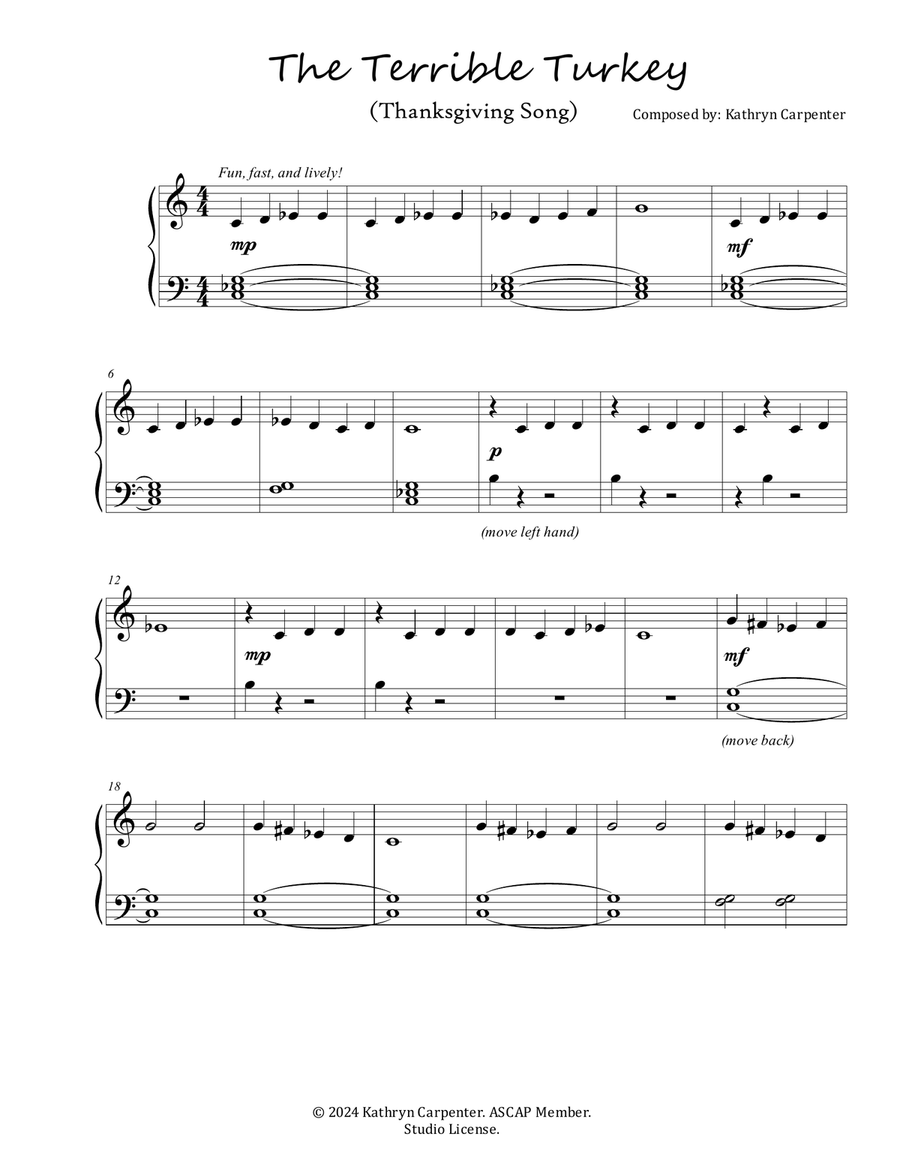 The Terrible Turkey (Thanksgiving Song) Piano Method scores gallery preview page 1