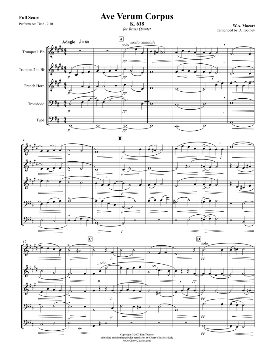 Ave Verum Corpus for Brass Quintet Brass Quintet scores gallery preview page 1