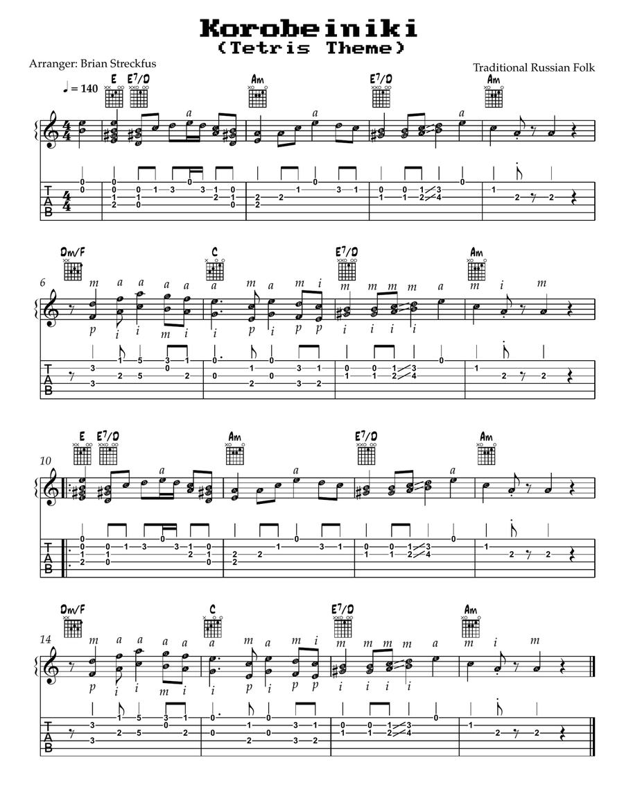 Korobeiniki - Tetris Theme - arranged for guitar Acoustic Guitar scores gallery preview page 1