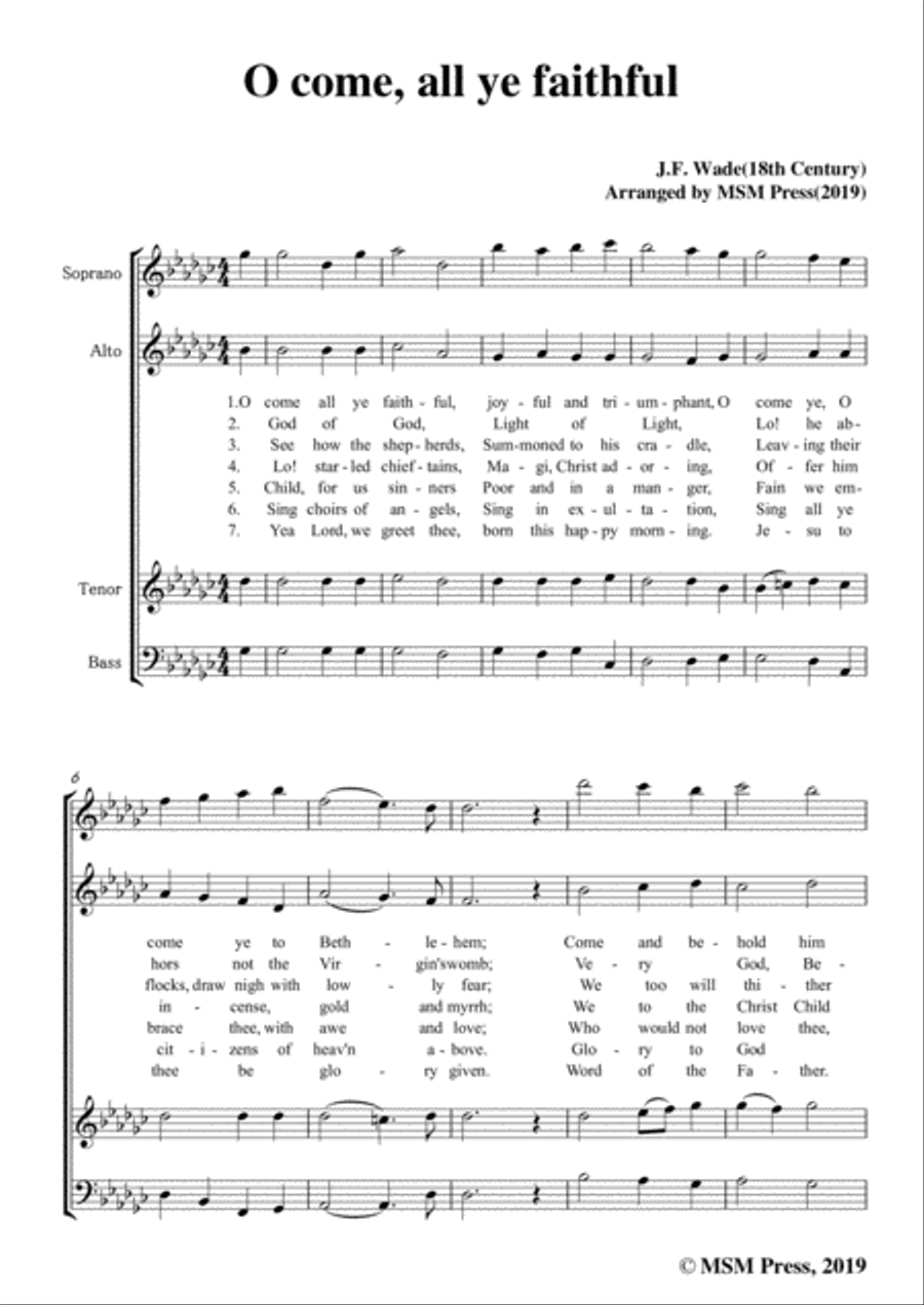 Wade-Adeste Fideles(O come,all ye faithful),in G flat Major,for A Cappella 4-Part scores gallery preview page 3