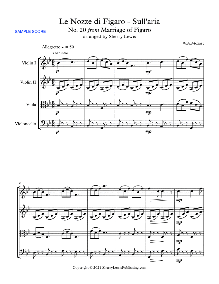 MARRIAGE OF FIGARO - LE NOZZE DI FIGARO - SULL'ARIA - Mozart - String Quartet, Intermediate Level fo image number null