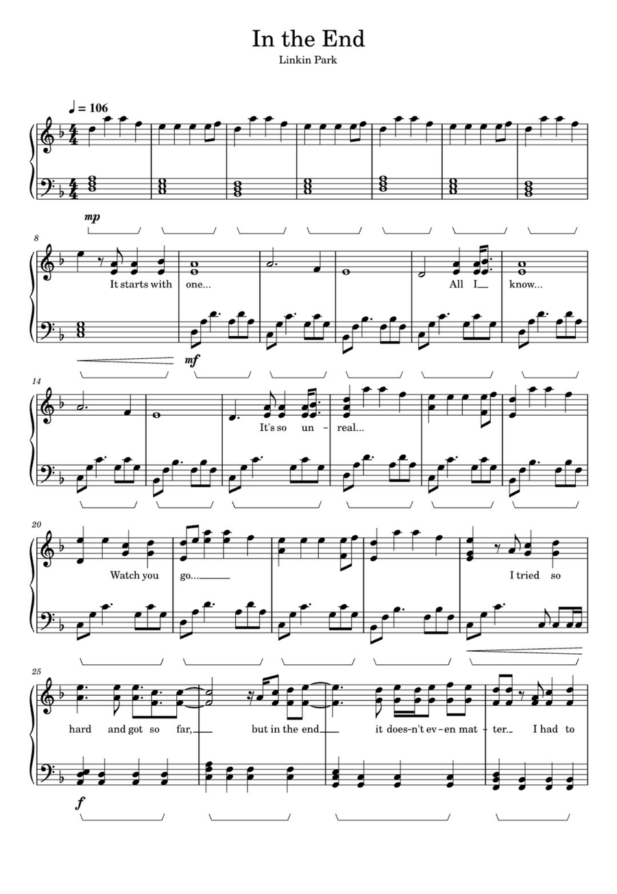 In The End Easy Piano scores gallery preview page 1