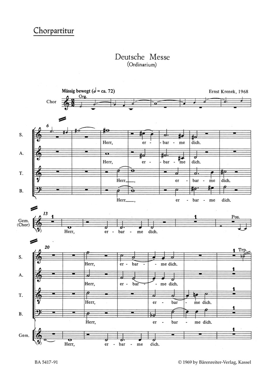 Deutsche Messe fur Chor, Gemeinde und Instrumente 4-Part scores gallery preview page 1