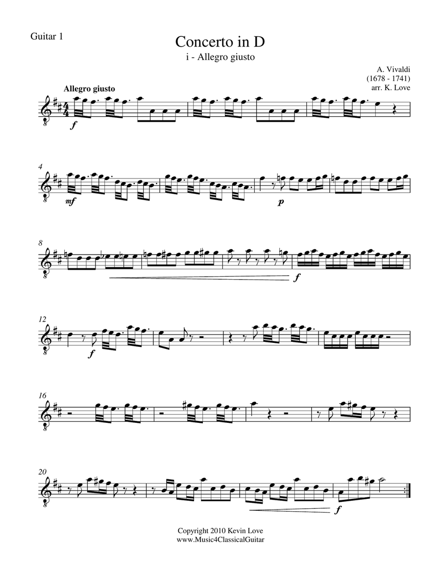 Concerto in D - i - Allegro giusto (Guitar Quartet) - Score and Parts image number null