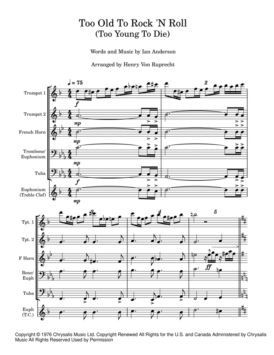 Too Old To Rock 'n Roll (too Young To Die) Euphonium scores gallery preview page 1