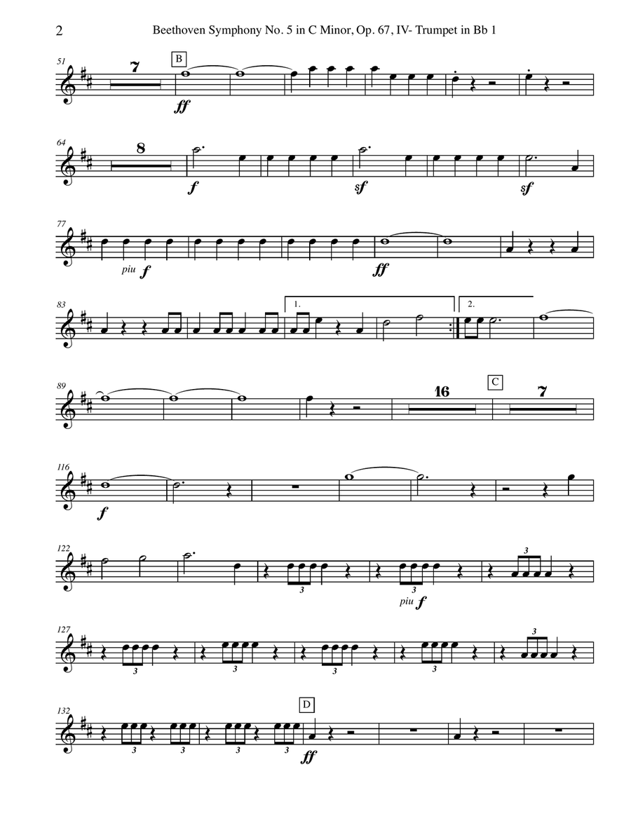 Beethoven Symphony No. 5, Movement IV - Trumpet in Bb 1 (Transposed Part), Op. 67 B-Flat Trumpet scores gallery preview page 2