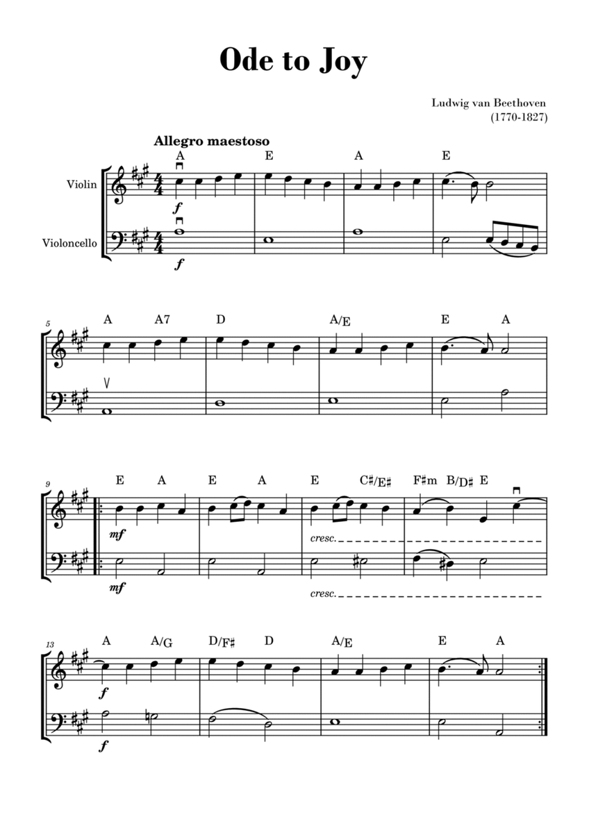 Beethoven - Ode to Joy (for Violin and Cello) - A Major with Chords image number null