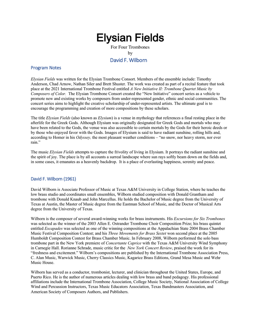 Elysian Fields for Trombone Quartet Brass Quartet scores gallery preview page 1