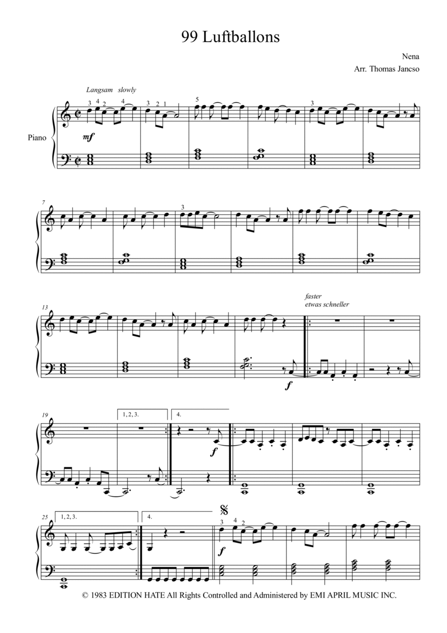 99 Red Balloons (99 Luftballons) Easy Piano scores gallery preview page 1