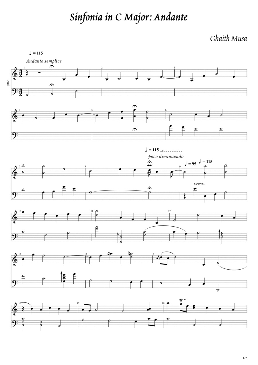 Sinfornia in C Major: Andante semplice Piano Solo scores gallery preview page 1