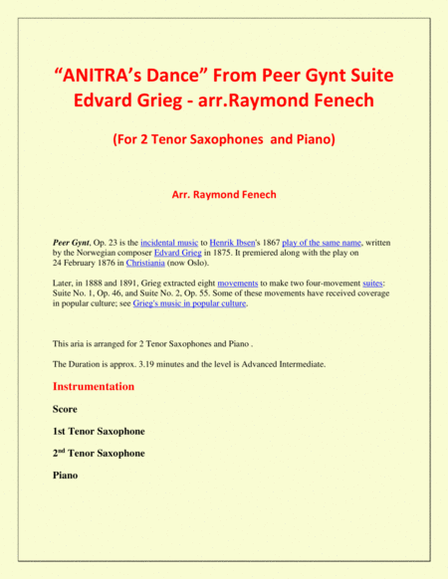 Anitra's Dance - From Peer Gynt - 2 Tenor Saxophones and Piano image number null